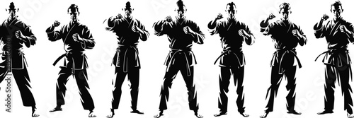 Karate martial artist silhouette collection showing fighting stances, punching techniques and disciplined combat sport training poses in dynamic vector illustration set