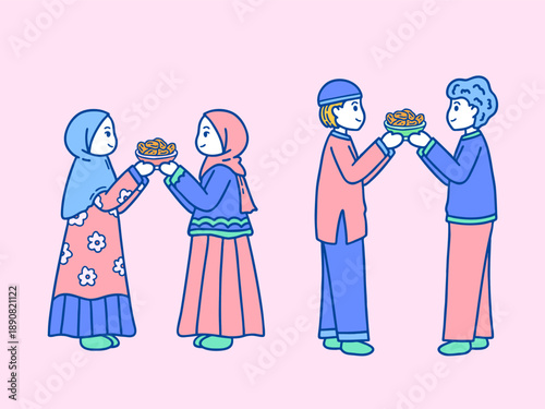 Vector of Muslims Sharing Food in Ramadan Concept Illustration