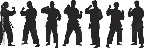 Martial arts karate fighter silhouette collection showing powerful fighting stances, self defense training poses and disciplined combat sport vector illustration set