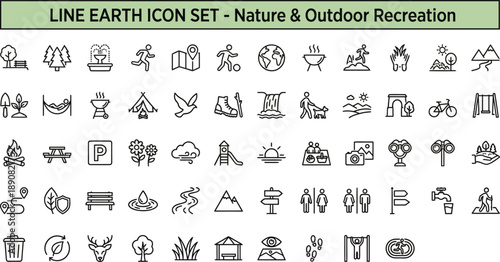 Outdoor Recreation Line Icons – Nature Camping Adventure Activities