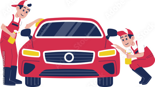 Two Mechanics Character Cleaning a Red Car