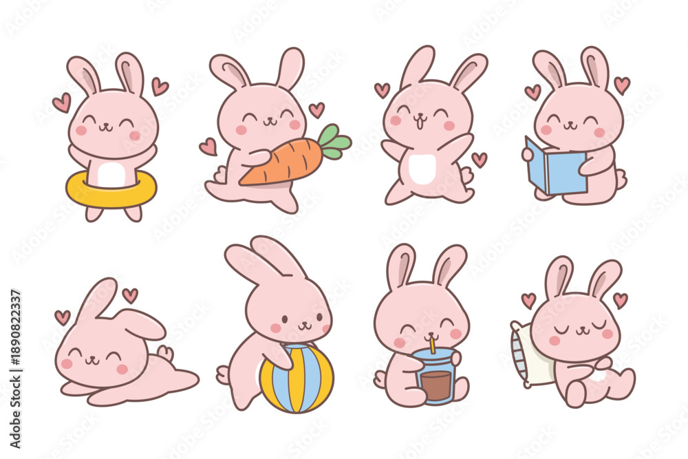 Fototapeta premium Cute rabbit with Multiple poses and activities vector illustration