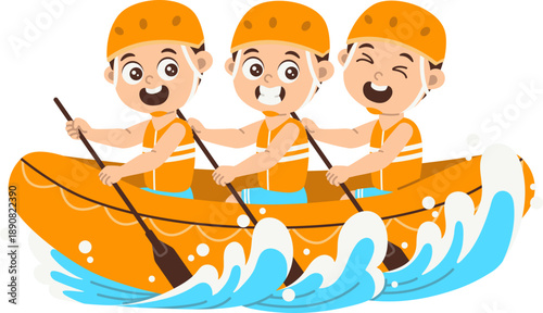 Water sport activity tourist group rafting on river with inflatable boat and paddle