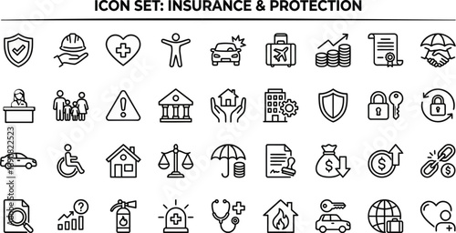 Insurance and Protection Line Icons – Risk Coverage Security Systems