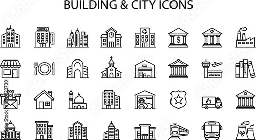 Urban and Public Building Line Icons – City Infrastructure Architecture Systems