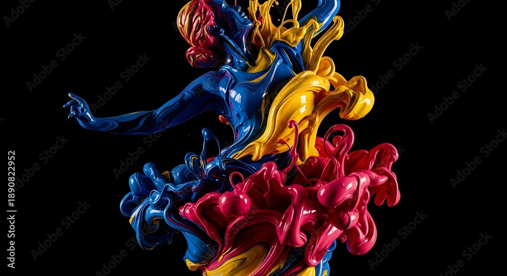 Fototapeta premium Dynamic Swirls of Blue Yellow and Red Paint Splashes Abstract Form fluid