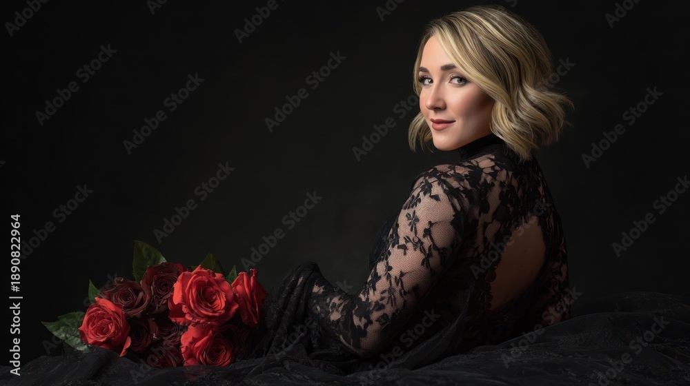 Naklejka premium A woman in a dark dress with back cutout turns, smiling, next to a bouquet of red roses