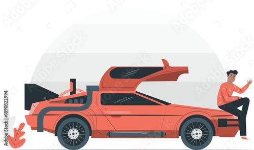 Man inspecting futuristic sports car with open doors, standing beside vehicle, illustration, modern setting, side view