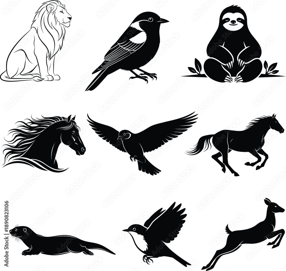 Fototapeta premium Collection of various animal silhouettes and illustrations
