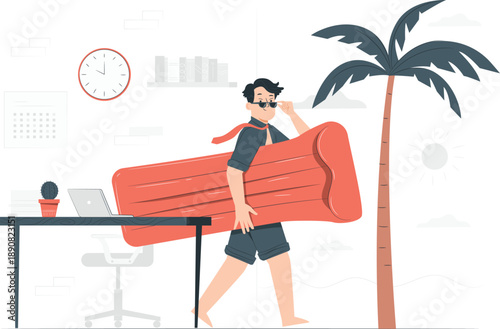 Man carrying mattress through office with palm tree nearby and clock on wall