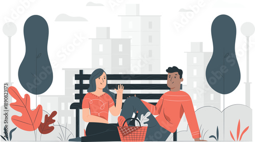 Couple Relaxing on a Bench in an Urban Setting with a Basket between Them