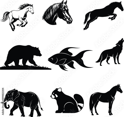 Collection of animal silhouettes in various poses and species