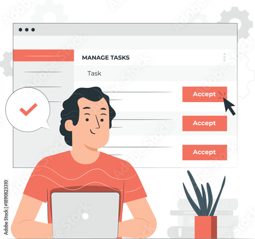 Person managing tasks on laptop with task management interface on screen in a modern workspace setting