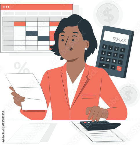 A businesswoman reviewing financial documents and calculating expenses at her desk with a calculator and charts in the background