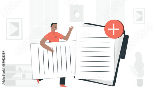 Man standing behind a large document with a plus sign on it, illustrating a concept of addition or growth, in a minimalist illustration style