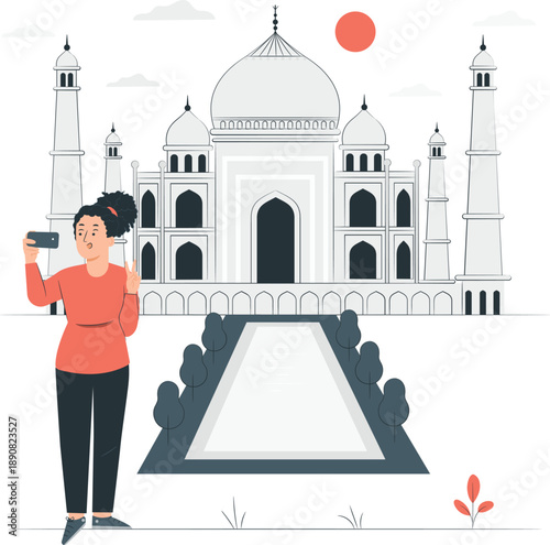 Woman taking a photo of the Taj Mahal monument in a serene landscape during sunset