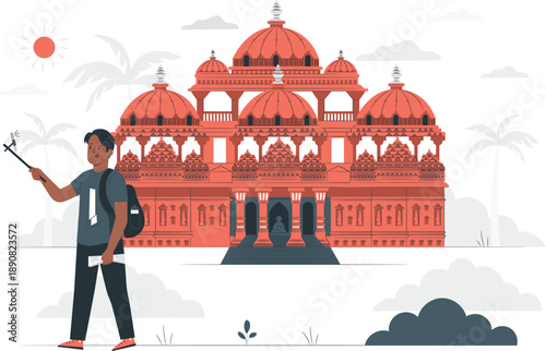 Man taking selfie in front of majestic building with domes and arches in a serene landscape