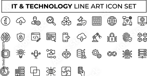 IT Technology Digital Line Icons Vector Set – Computer Network Cloud Server Mobile Device Software Security Data Hardware Outline Icon Pack UI Web App
