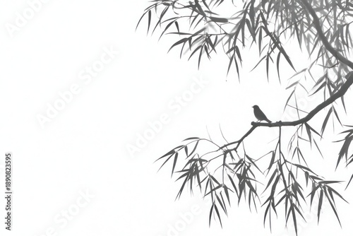 Black and white illustration with bamboo leaves, a branch, and a small bird perched