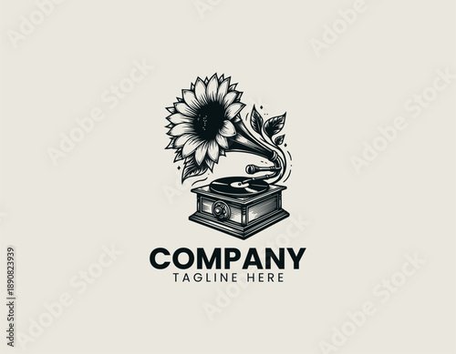 Vintage gramophone playing music through sunflower petals illustrated as decorative black vector logo design