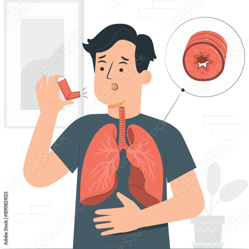 A man using an inhaler to treat asthma, standing indoors with visible lungs and a close-up of airways
