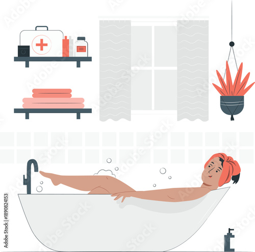 Woman Relaxing in Bathtub with First Aid Kit and Towels on Shelves Nearby in Bathroom