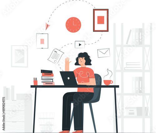 Woman working on laptop at desk surrounded by books and office supplies in a modern workspace