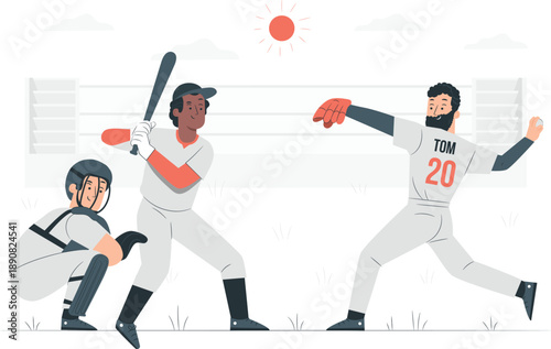 Baseball players in action on a field, pitcher throwing, batter swinging, catcher crouching, vibrant illustration