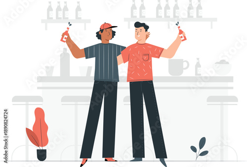 Two men standing together in a cafe, holding up their phones in a gesture of solidarity and friendship