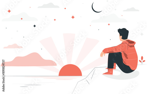 A lone person sitting on a rocky cliff watching the vibrant sunset with a crescent moon in the sky.