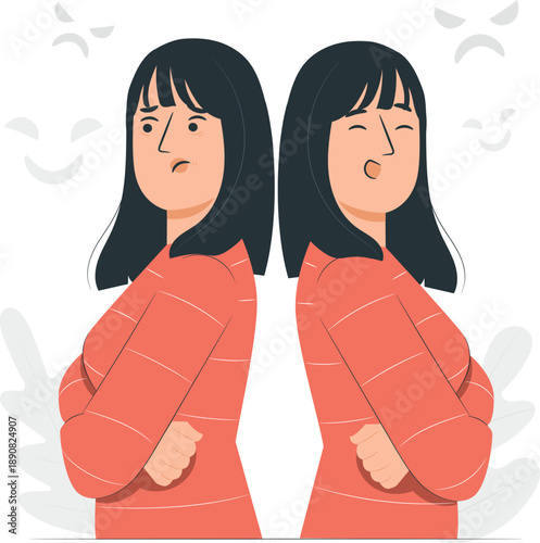 Two women with contrasting emotions standing side by side, illustrating diverse feelings in a simple illustration