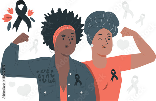 Two women showing solidarity for a social cause with black ribbons on their clothes