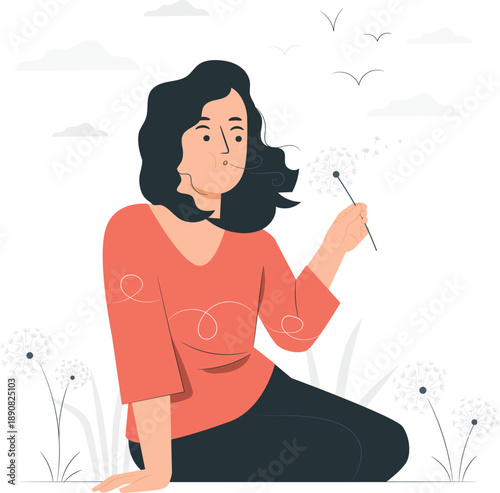 A young woman sits serenely in a field of flowers holding a dandelion, surrounded by nature, viewed from a slight elevation.