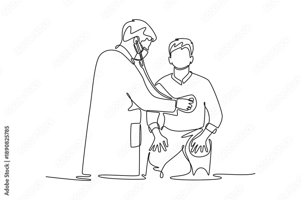Obraz premium Doctor exanimating patient with a stethoscope. Doctor visit and consul concept. Single line draw design. Vector graphic illustration