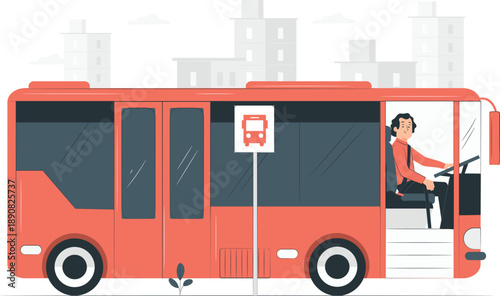 Woman driving a red city bus through urban streets from driver's viewpoint