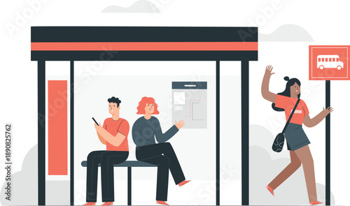 People waiting at a train or bus stop, illustration of daily commute scene from a street viewpoint