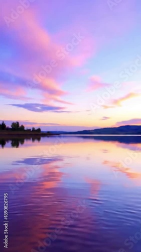 Ethereal Lakeside View A wide, static shot of a lake framed by soft-focus, indistinct natural elements on the far shore, all bathed in the ethereal, pastel light of a bold, colorful sky.