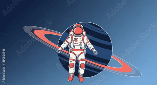 Astronaut in Red-Accented Spacesuit Faces Ringed Planet in Blue Gradient Digital Illustration