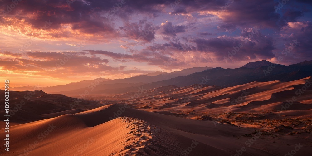 Fototapeta premium Dramatic desert sand dunes at sunset with colorful clouds and distant mountains panorama