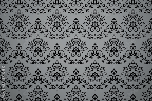Wallpaper in the style of Baroque. Gray and black floral ornament. Seamless vector background. Graphic pattern for fabric, wallpaper, packaging. Ornate Damask flower illustration