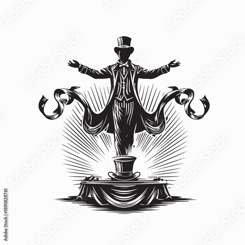 Magician On Stage In Tuxedo Performing Magic Silhouette Vector