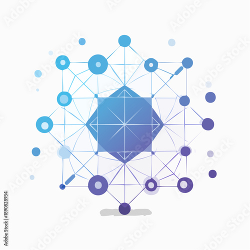 AI neural network vector illustration, abstract geometric nodes and connections, futuristic minimalism, blue and purple gradients, clean and professional.