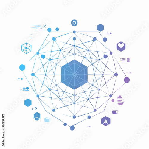 AI neural network vector illustration, abstract geometric nodes and connections, futuristic minimalism, blue and purple gradients, clean and professional.