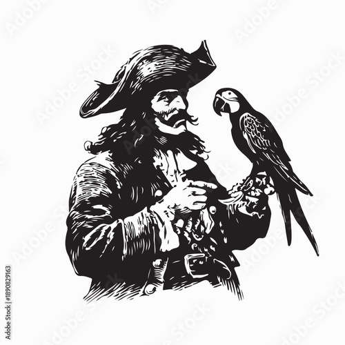 Pirate Holding Parrot Vector Illustration Isolated on White Background