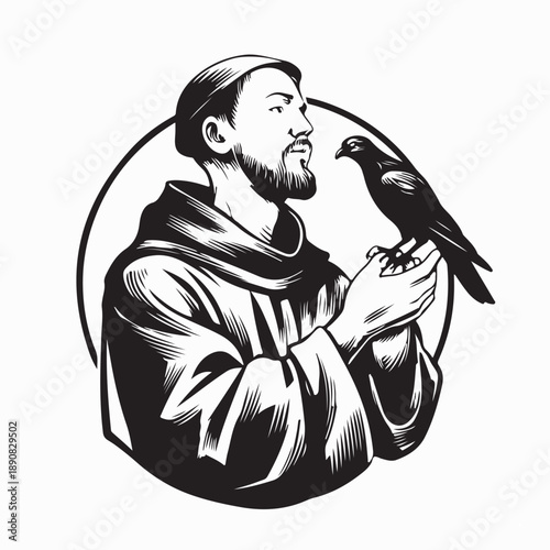 Saint Francis of Assisi Gently Holding a Bird in His Hand Image Vector