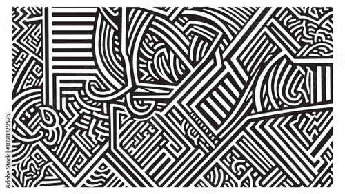 Abstract Black and White Maze-like Pattern with Geometric Shapes