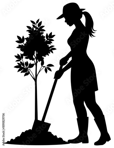 Young Female Gardener Silhouette Planting Tree with Shovel on Transparent Background