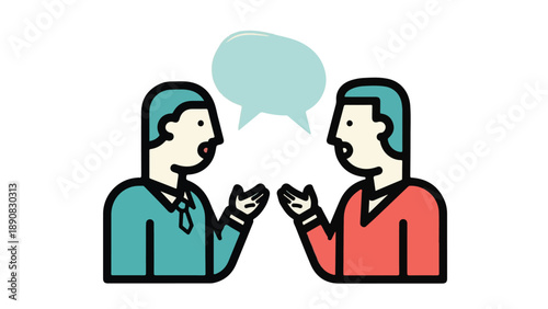 Flat Design Conversation Icon with Two Figures, Teal, and Red
