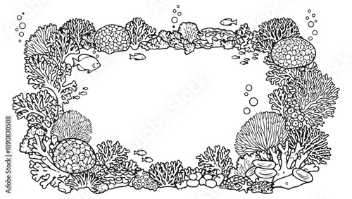 Coral Reef Border with Fish and Bubbles, Hand-Drawn Style