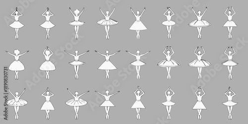 A grayscale grid featuring multiple ballet dancer silhouettes in various poses
